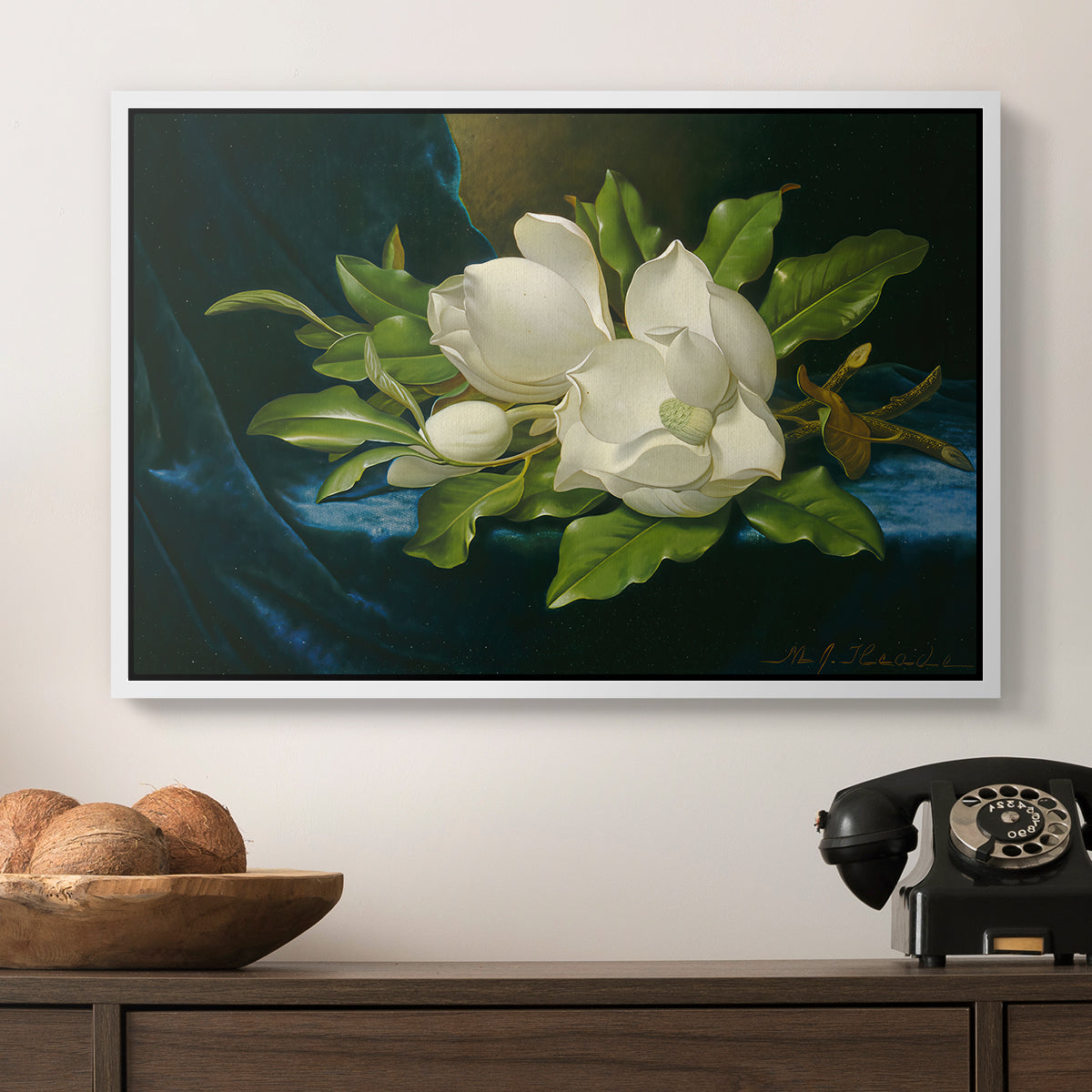 Giant Magnolias on a Blue Velvet Cloth, c. 1890 - Floater Framed Canvas Print