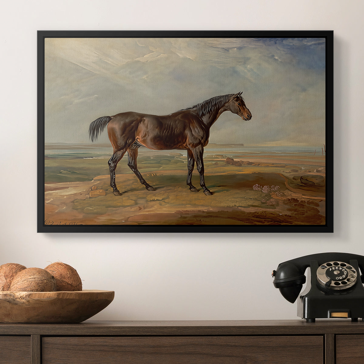 Dr. Syntax, a Bay Racehorse, Standing in a Coastal Landscape, an Estuary Beyond, c. 1820 - Floater Framed Canvas Print
