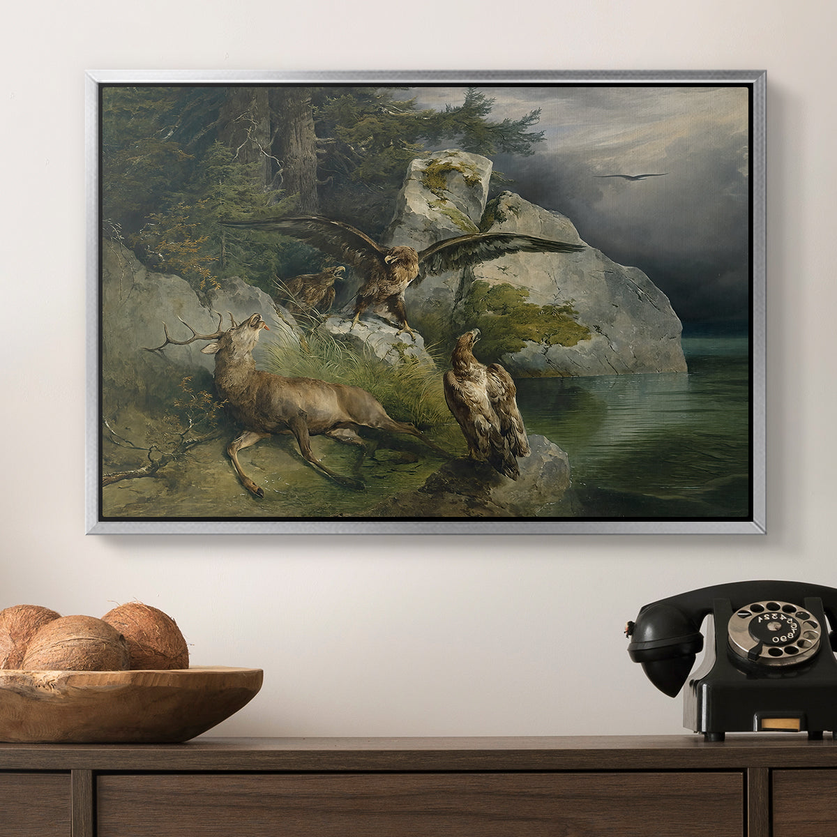 Eagles and Dying Stag on a Lakeshore, 1836 - Floater Framed Canvas Print