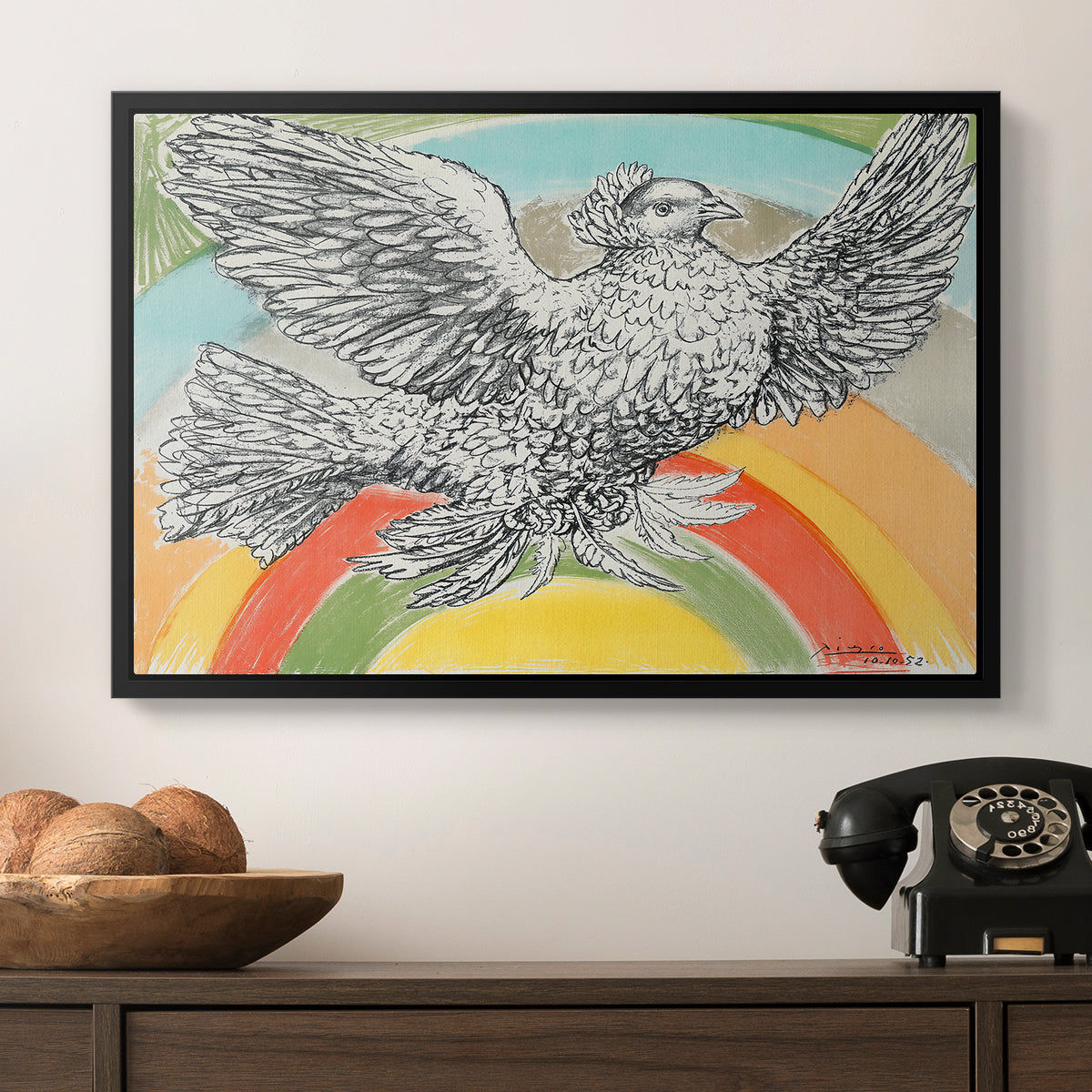Flying Dove with Rainbow (Colombe volant à l'Arc-en-ciel), 1952 - Floater Framed Canvas Print