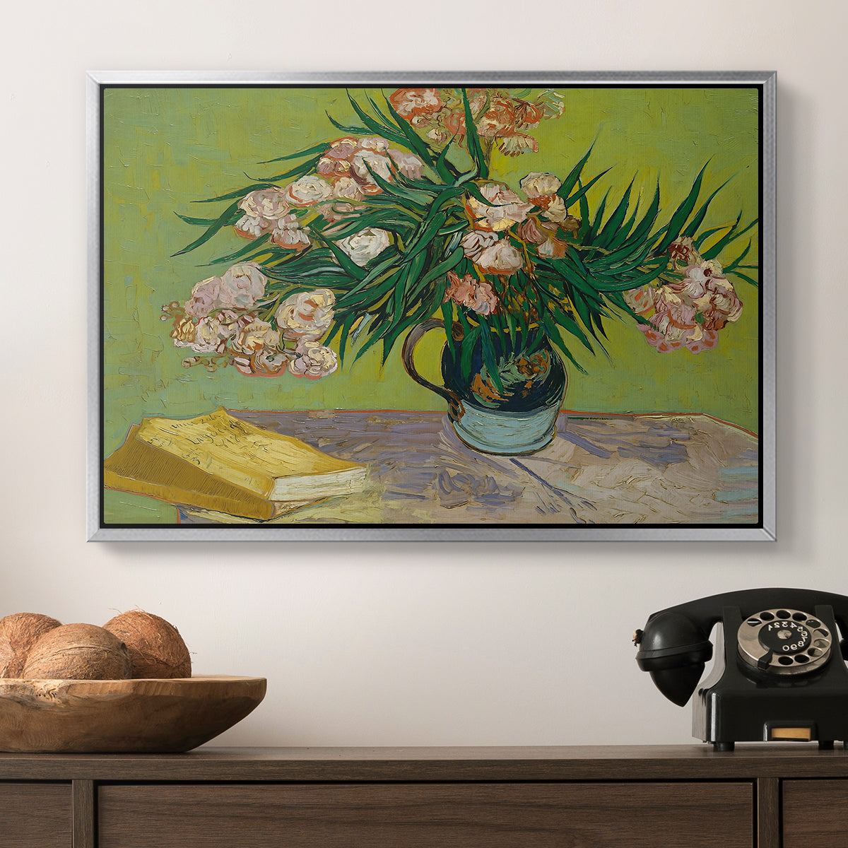 Vase with Oleanders and Books, 1888 - Floater Framed Canvas Print