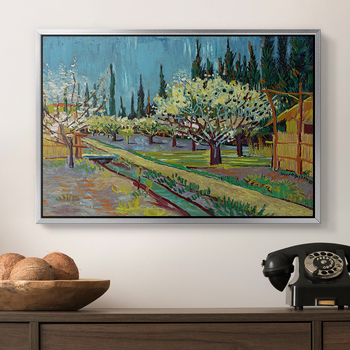 Orchard in Blossom, Bordered by Cypresses, 1888 - Floater Framed Canvas Print