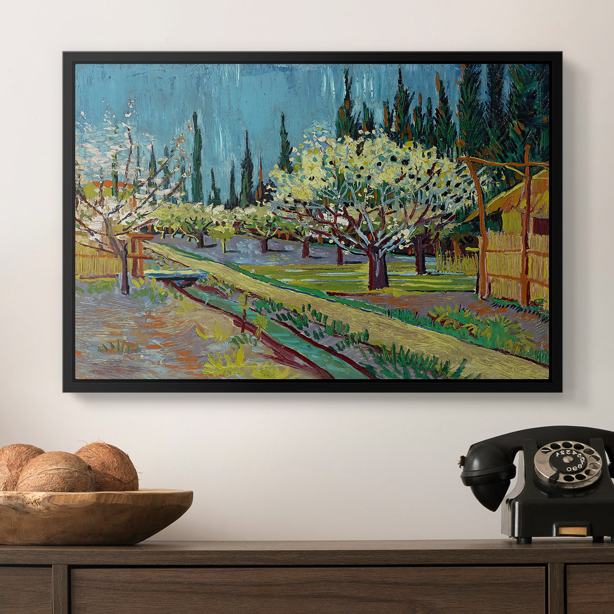 Orchard in Blossom, Bordered by Cypresses, 1888 - Floater Framed Canvas Print