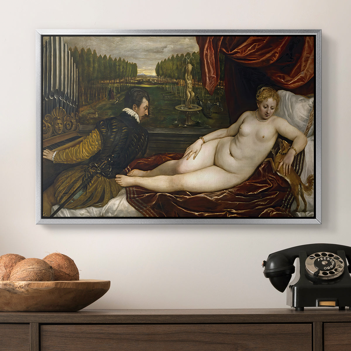 Venus with an Organist and a Dog, c. 1550 - Floater Framed Canvas Print