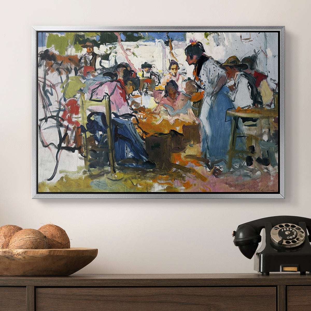 Net Menders in Valencia, 1909 - Floater Framed Canvas Print