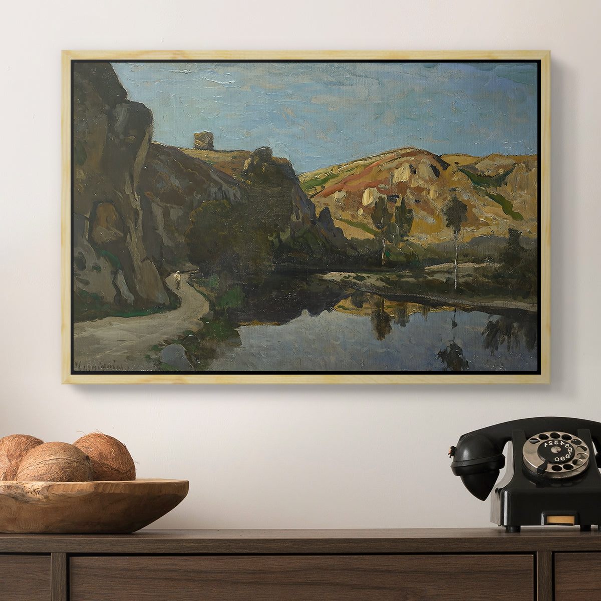 River Landscape with Cliffs, c. 1850-1860 - Floater Framed Canvas Print