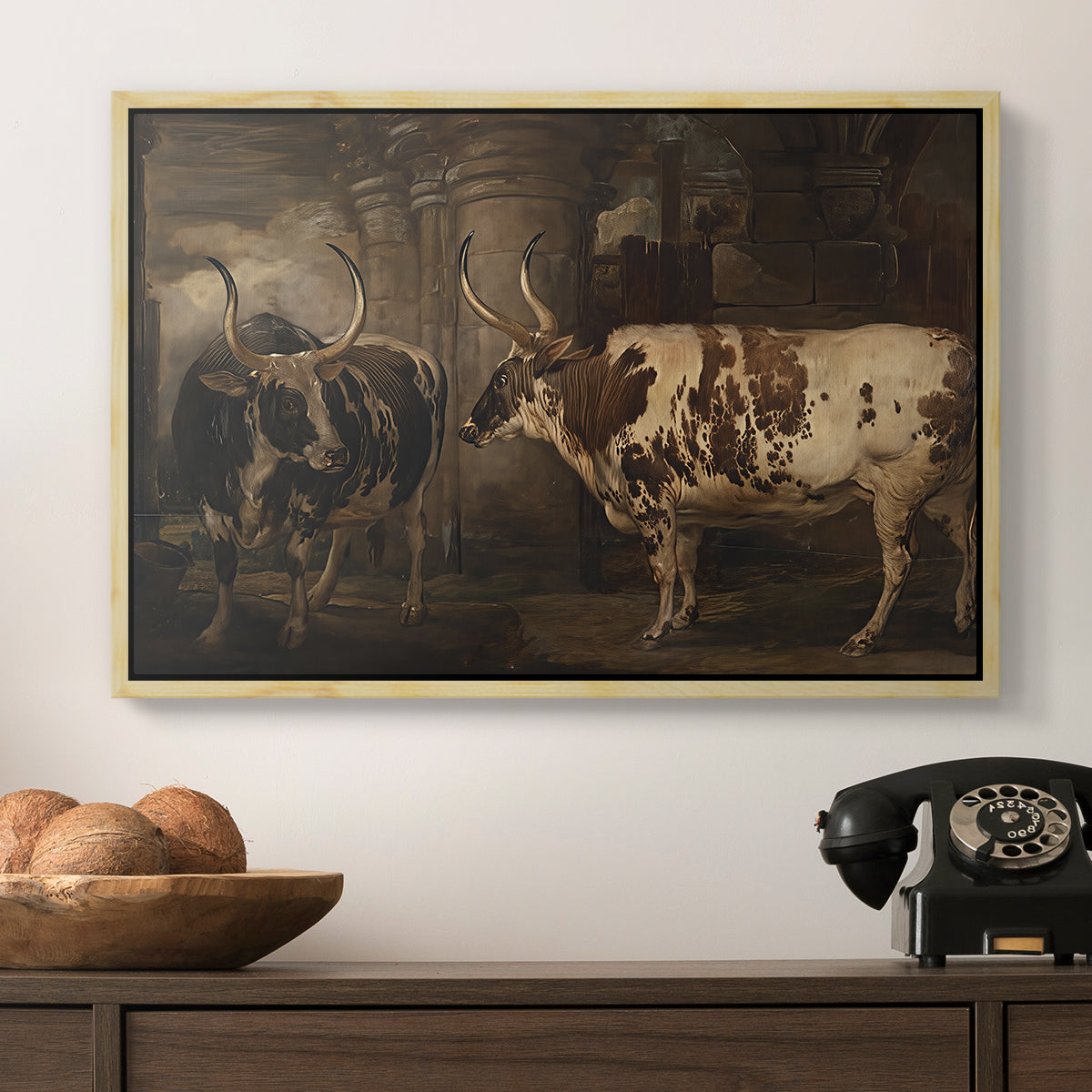 Portraits of Two Extraordinary Oxen, Property of the Earl of Powis, 1814 - Floater Framed Canvas Print