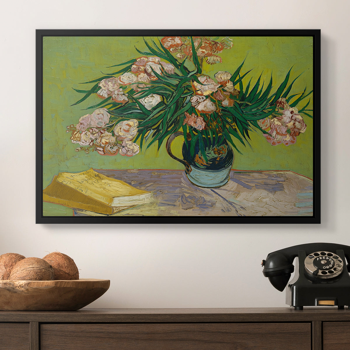 Vase with Oleanders and Books, 1888 - Floater Framed Canvas Print