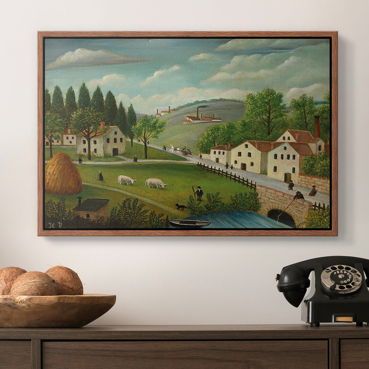 Pastoral Landscape with Stream, Fisherman and Strollers, 1875-1880 - Floater Framed Canvas Print