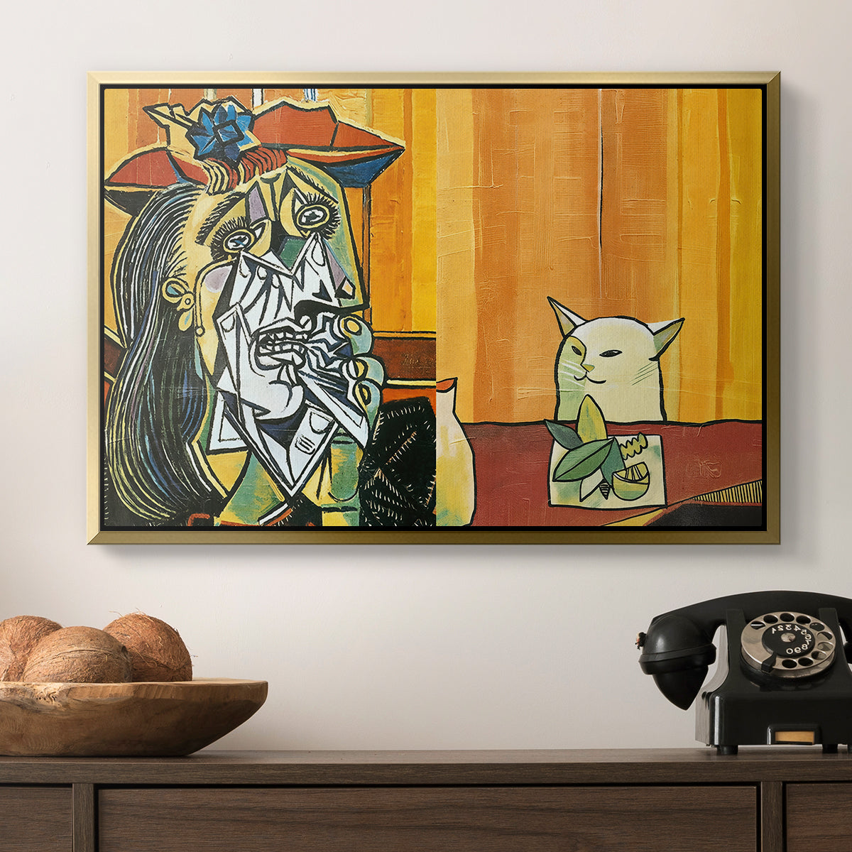 Woman Yelling at a Cat Meme (Picasso Parody) - Floater Framed Canvas Print