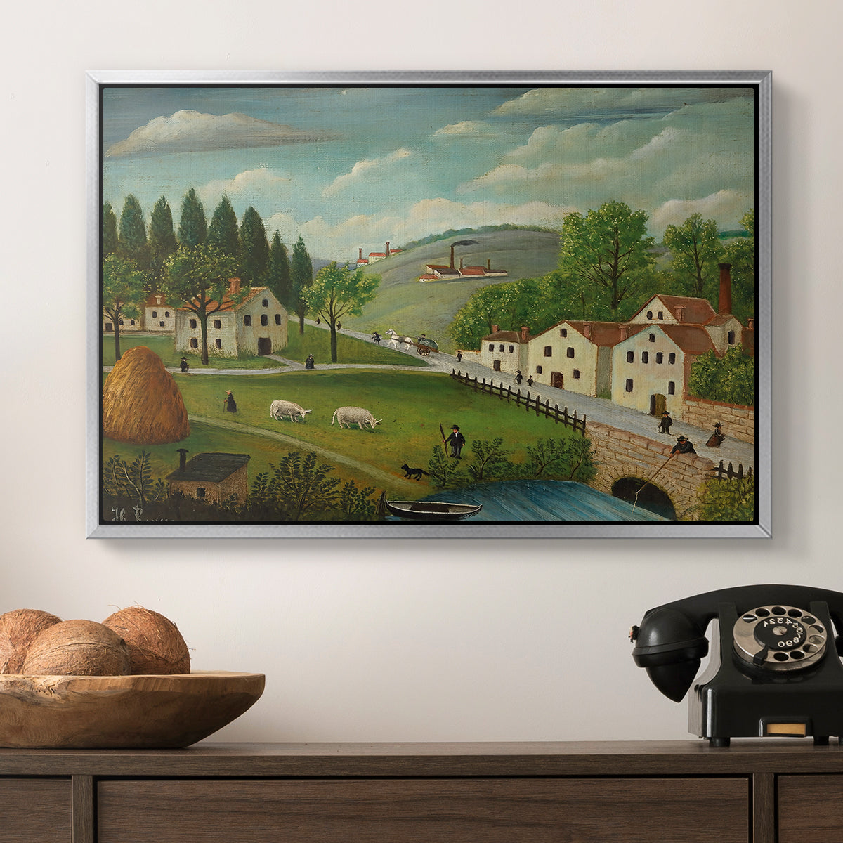 Pastoral Landscape with Stream, Fisherman and Strollers, 1875-1880 - Floater Framed Canvas Print