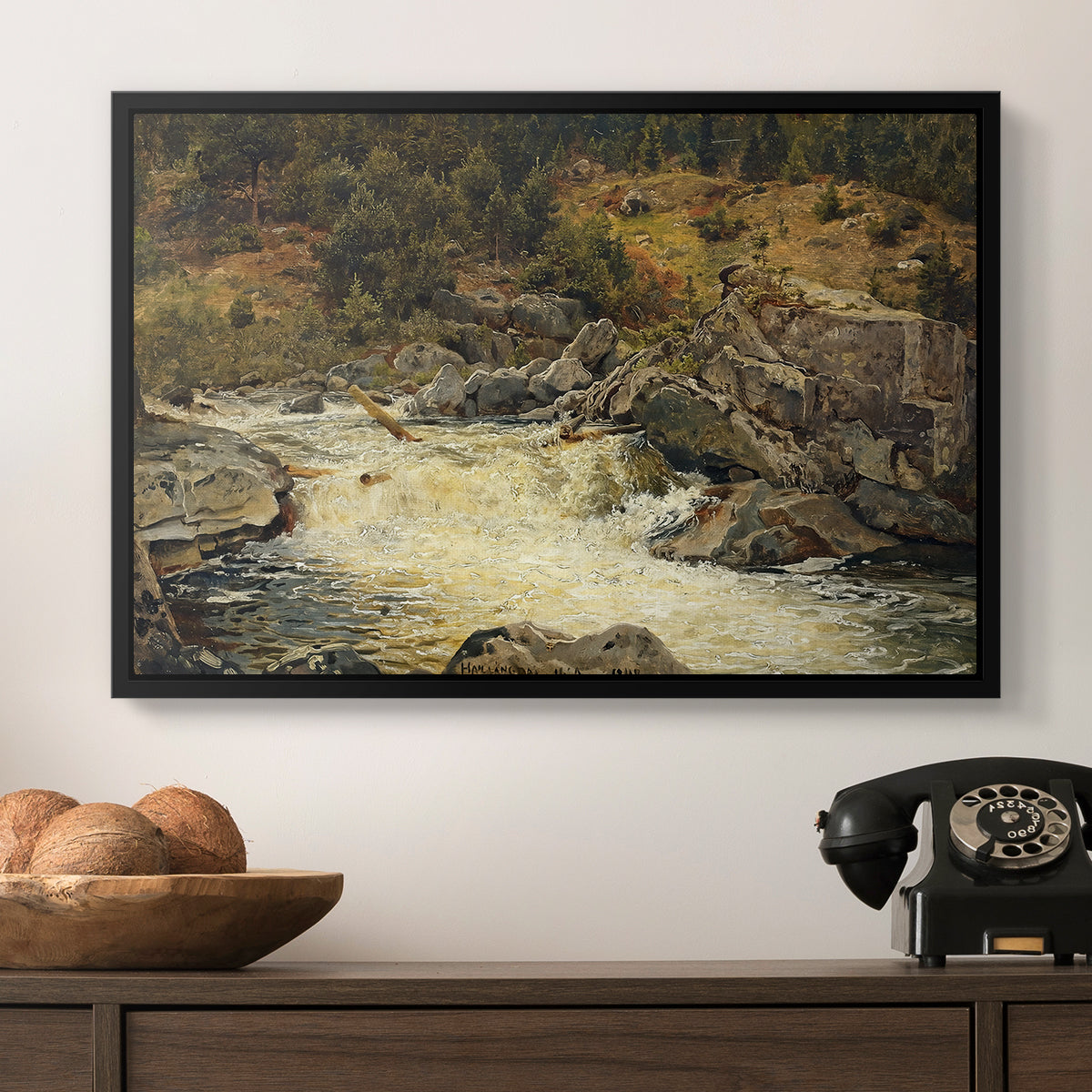 Waterfall in Hallingdal, 1848 - Floater Framed Canvas Print