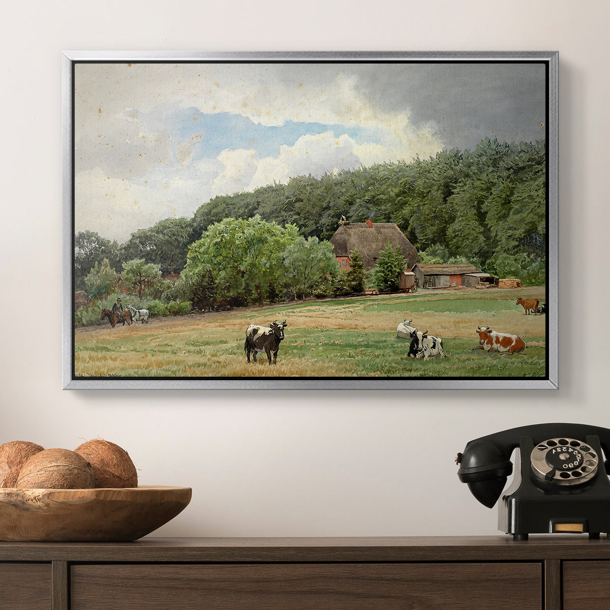 Farm with Grazing Cows (Bondegård med beitende kuer), 1892 - Floater Framed Canvas Print