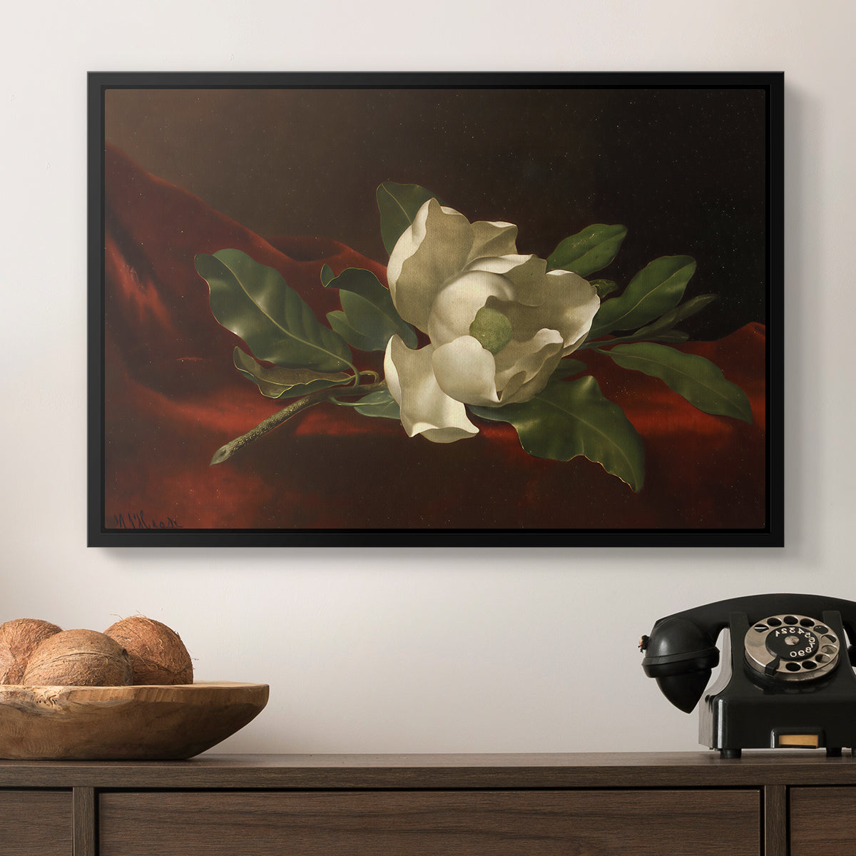 Magnolia on Red Velvet, c. 1885-1890 - Floater Framed Canvas Print