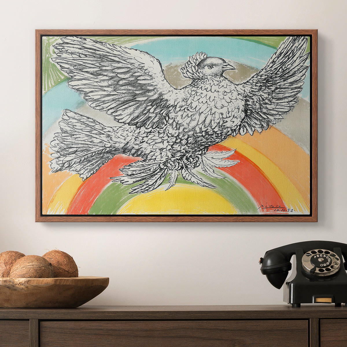 Flying Dove with Rainbow (Colombe volant à l'Arc-en-ciel), 1952 - Floater Framed Canvas Print