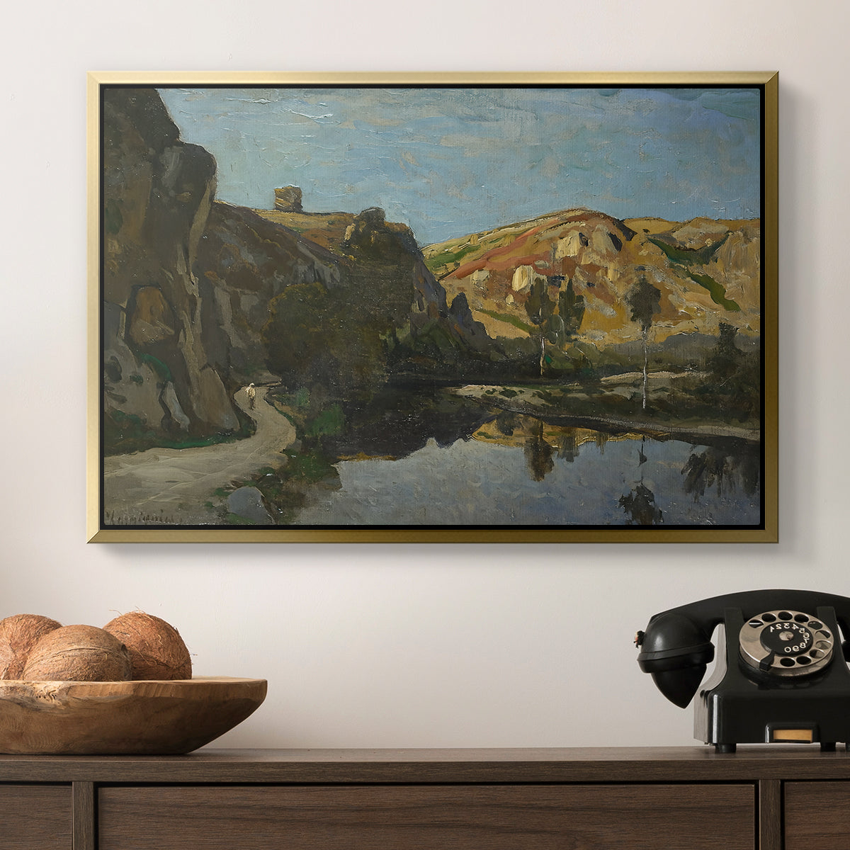 River Landscape with Cliffs, c. 1850-1860 - Floater Framed Canvas Print