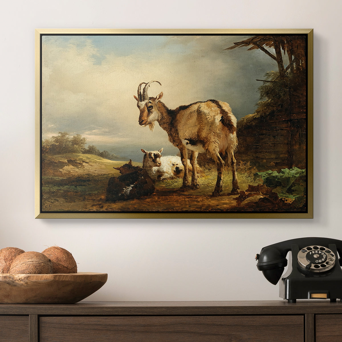 A Goat with Two Kids - Floater Framed Canvas Print