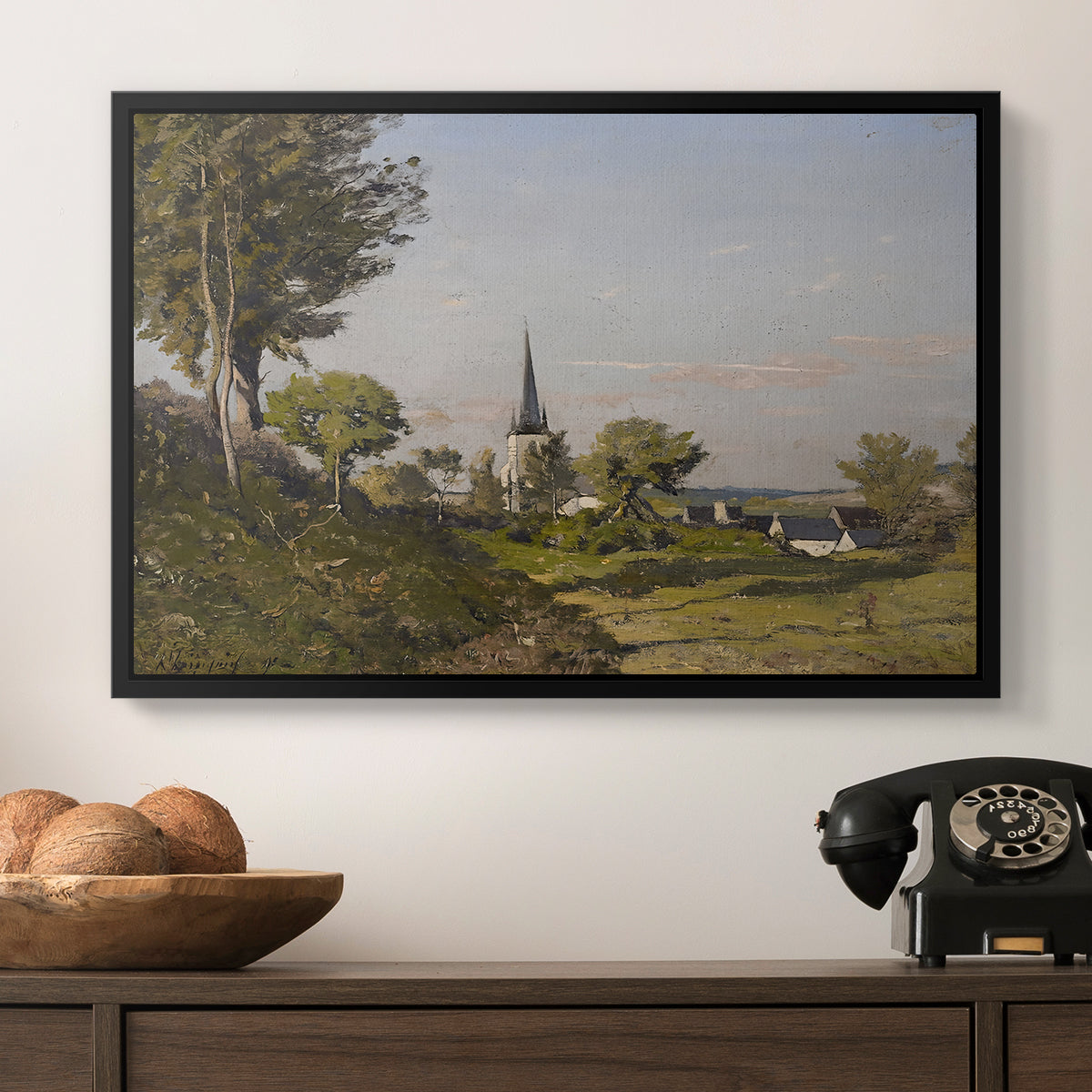 Village Landscape with Church, 1891 - Floater Framed Canvas Print