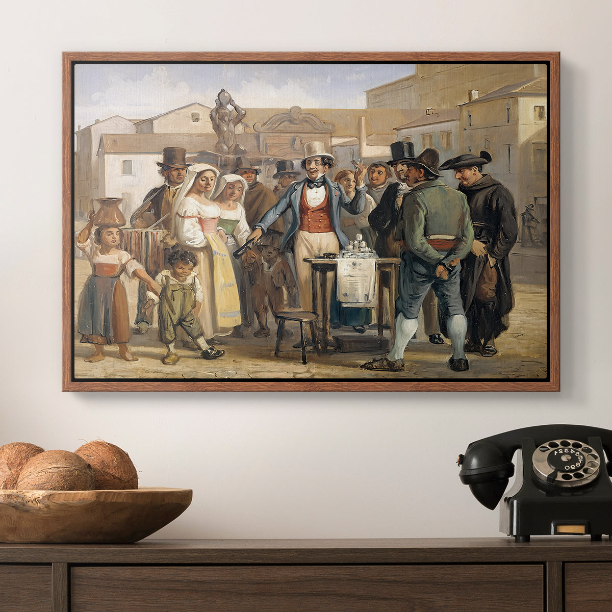 A Charlatan Selling Blacking in the Piazza Barberini in Rome, c. 1840-1849 - Floater Framed Canvas Print