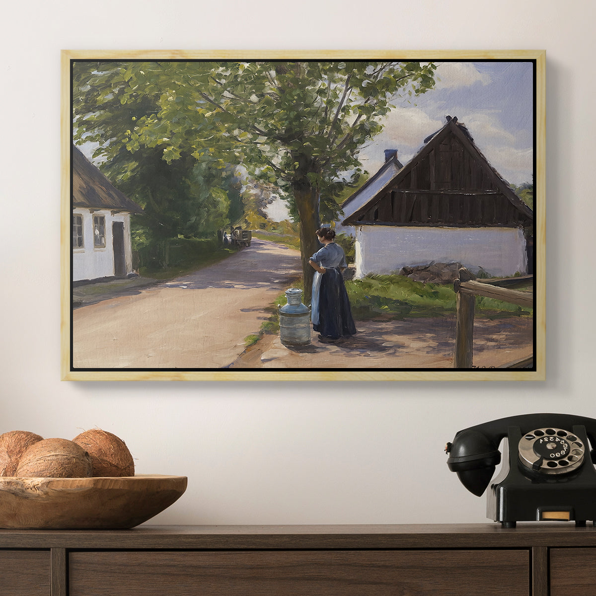 Danish Village Street with Woman and Milkman, 1880 - Floater Framed Canvas Print