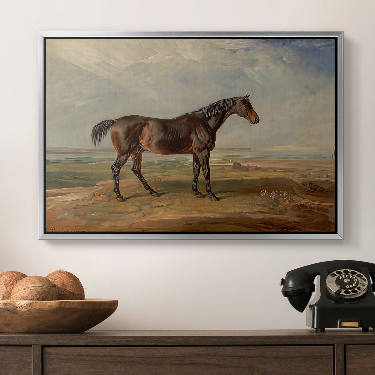 Dr. Syntax, a Bay Racehorse, Standing in a Coastal Landscape, an Estuary Beyond, c. 1820 - Floater Framed Canvas Print
