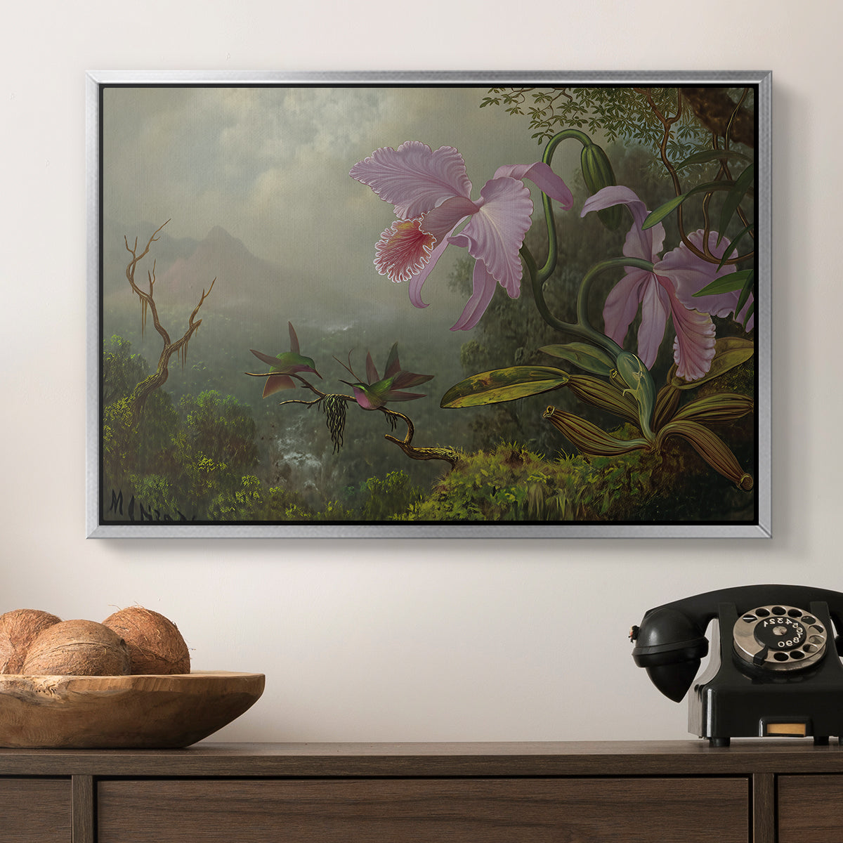 Two Sun Angel Hummingbirds on a Branch, c. 1890-1904 - Floater Framed Canvas Print