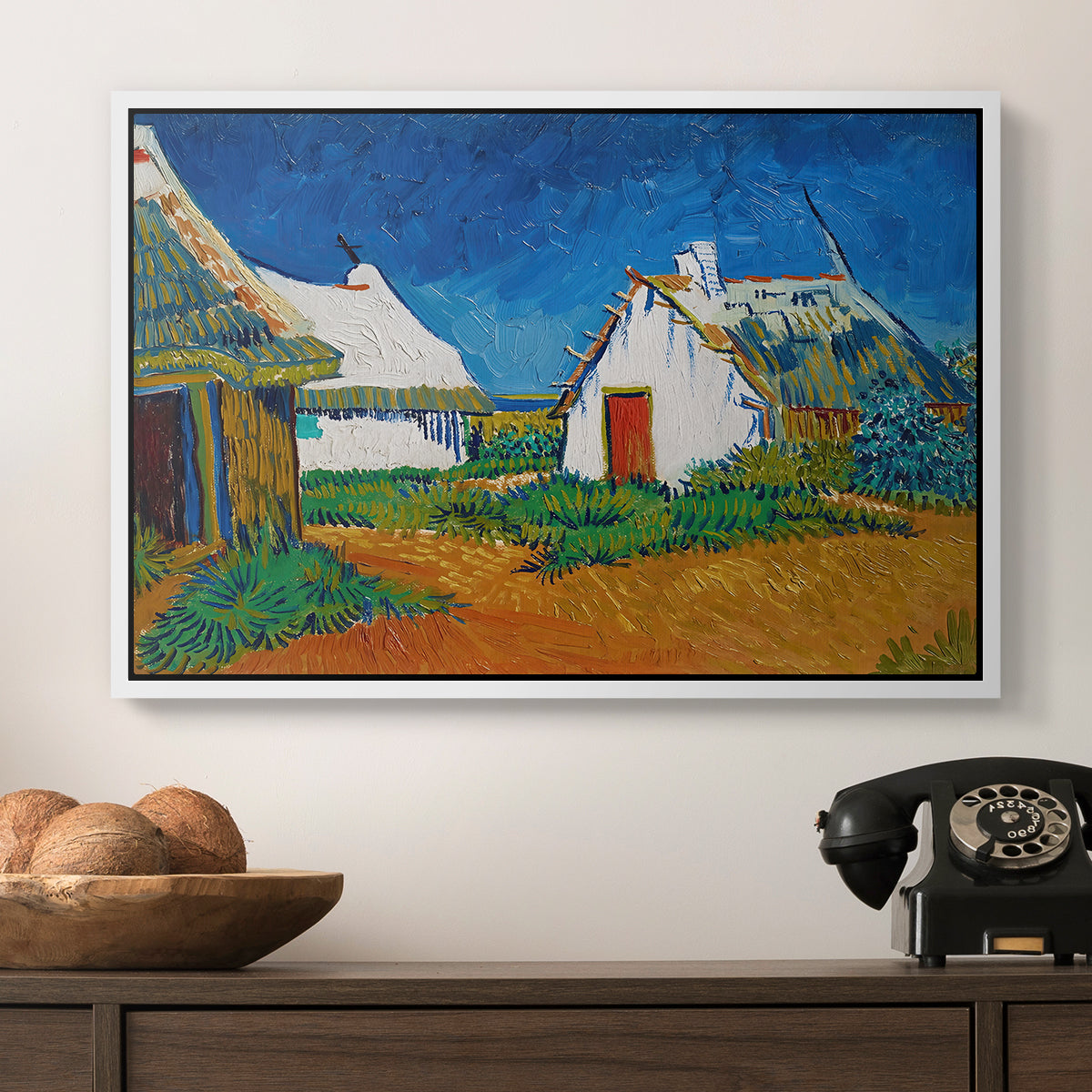 Three White Cottages at Saintes-Maries, 1888 - Floater Framed Canvas Print