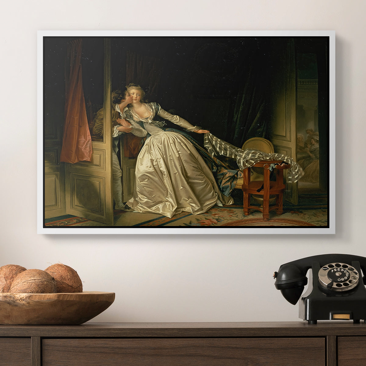 The Stolen Kiss (Le Baiser à la dérobée), c. 1788 - Floater Framed Canvas Print