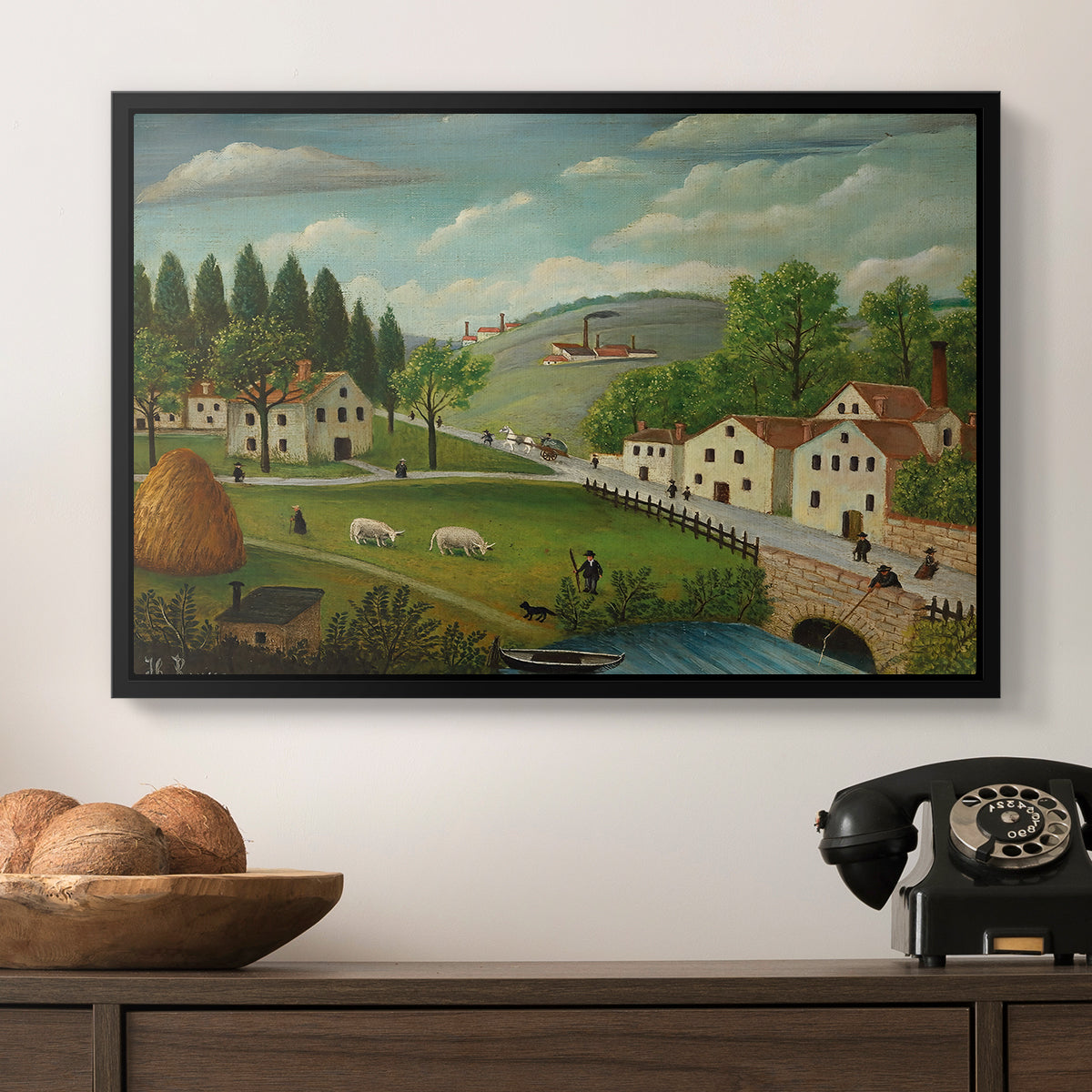 Pastoral Landscape with Stream, Fisherman and Strollers, 1875-1880 - Floater Framed Canvas Print