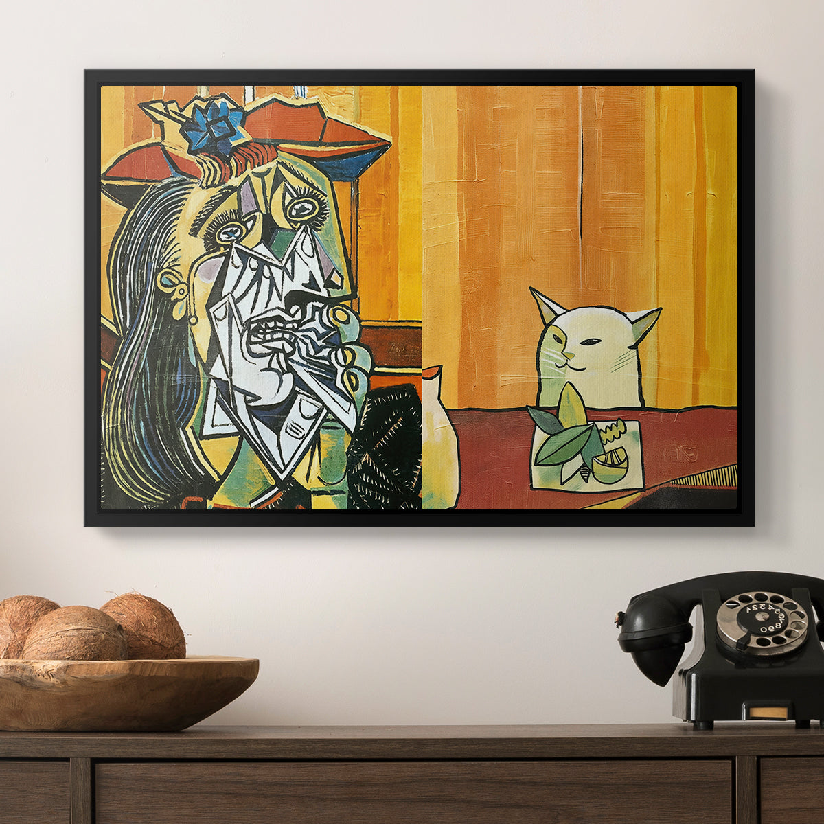 Woman Yelling at a Cat Meme (Picasso Parody) - Floater Framed Canvas Print