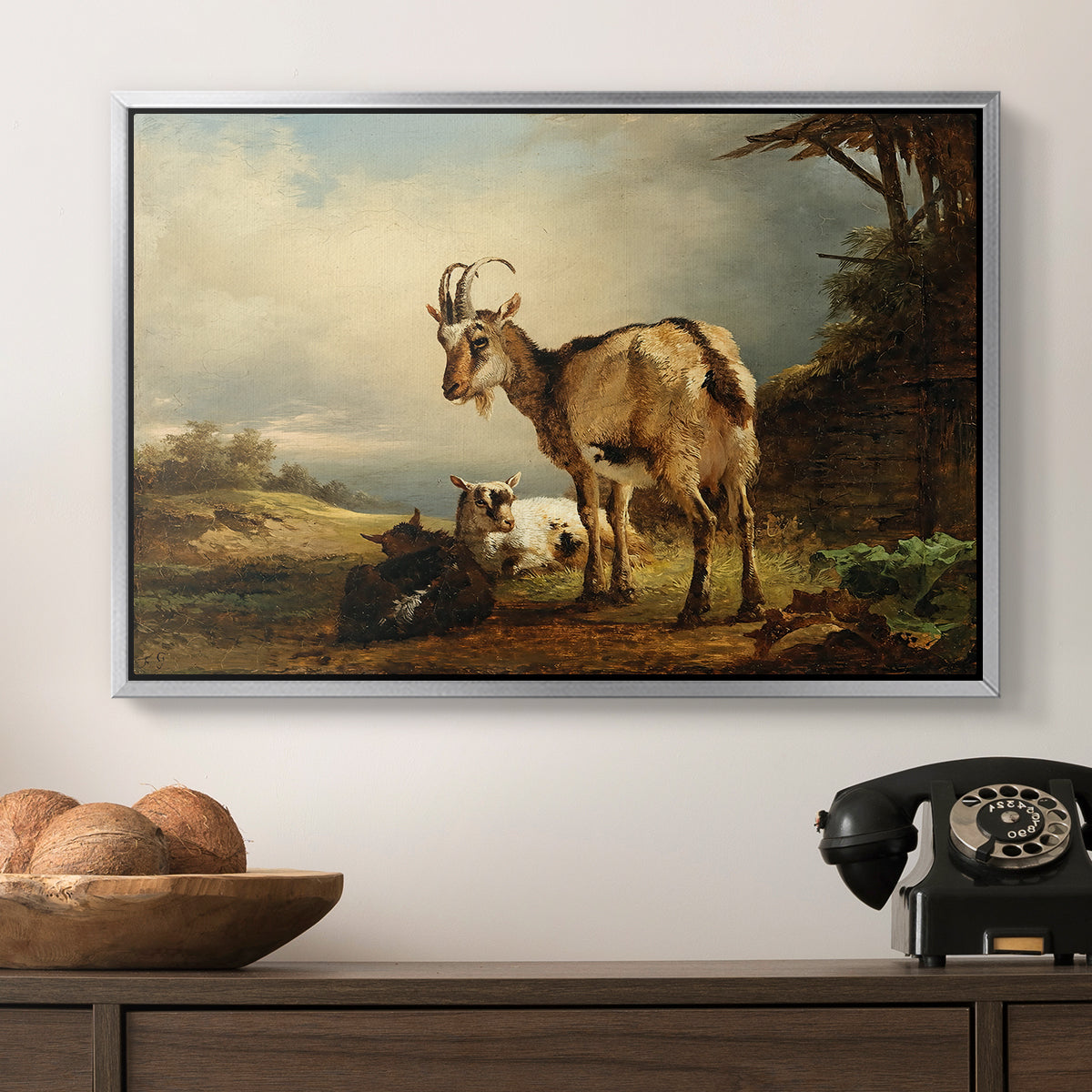 A Goat with Two Kids - Floater Framed Canvas Print