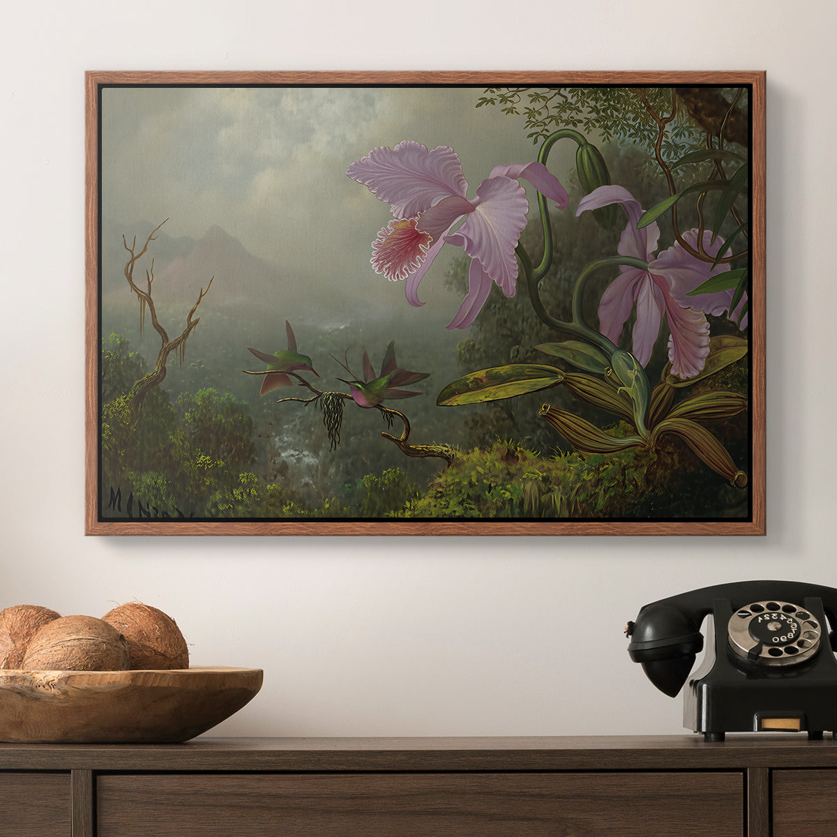Two Sun Angel Hummingbirds on a Branch, c. 1890-1904 - Floater Framed Canvas Print