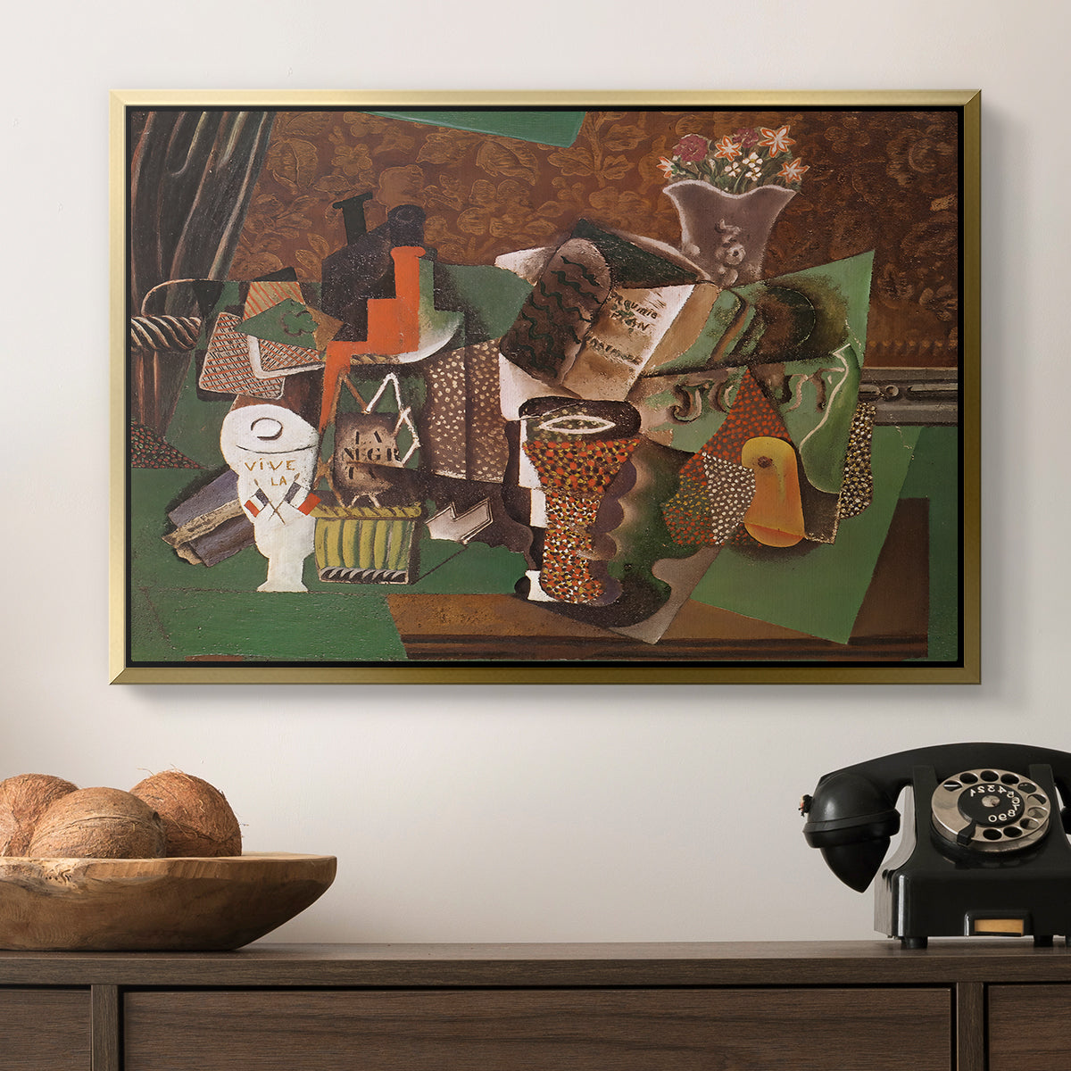 Playing Cards, Glasses, Bottle of Rum: "Vive la France", 1914-1915 - Floater Framed Canvas Print