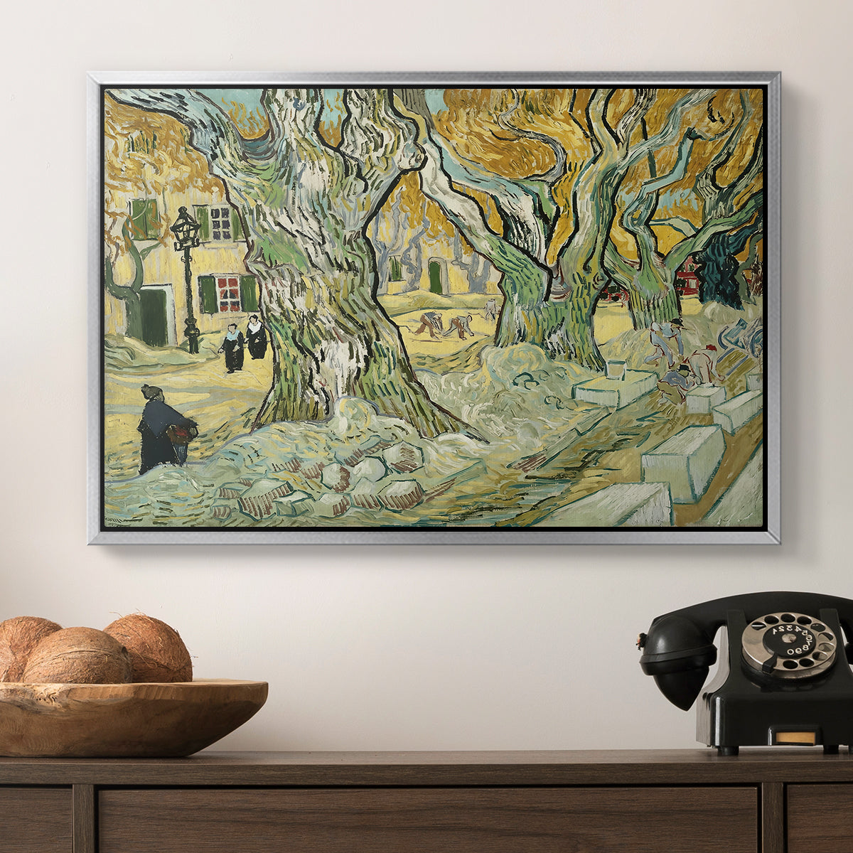 The Large Plane Trees (Road Menders at Saint-Rémy), 1889 - Floater Framed Canvas Print