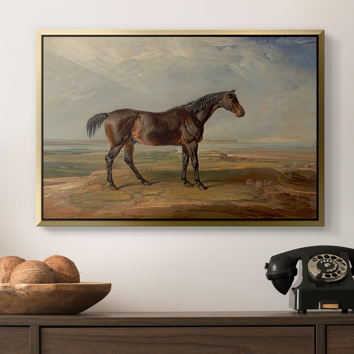 Dr. Syntax, a Bay Racehorse, Standing in a Coastal Landscape, an Estuary Beyond, c. 1820 - Floater Framed Canvas Print