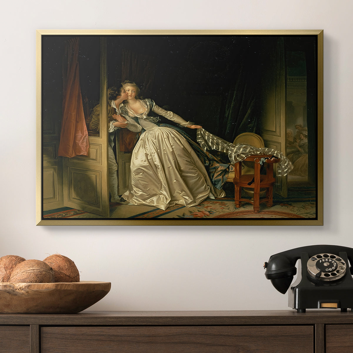 The Stolen Kiss (Le Baiser à la dérobée), c. 1788 - Floater Framed Canvas Print