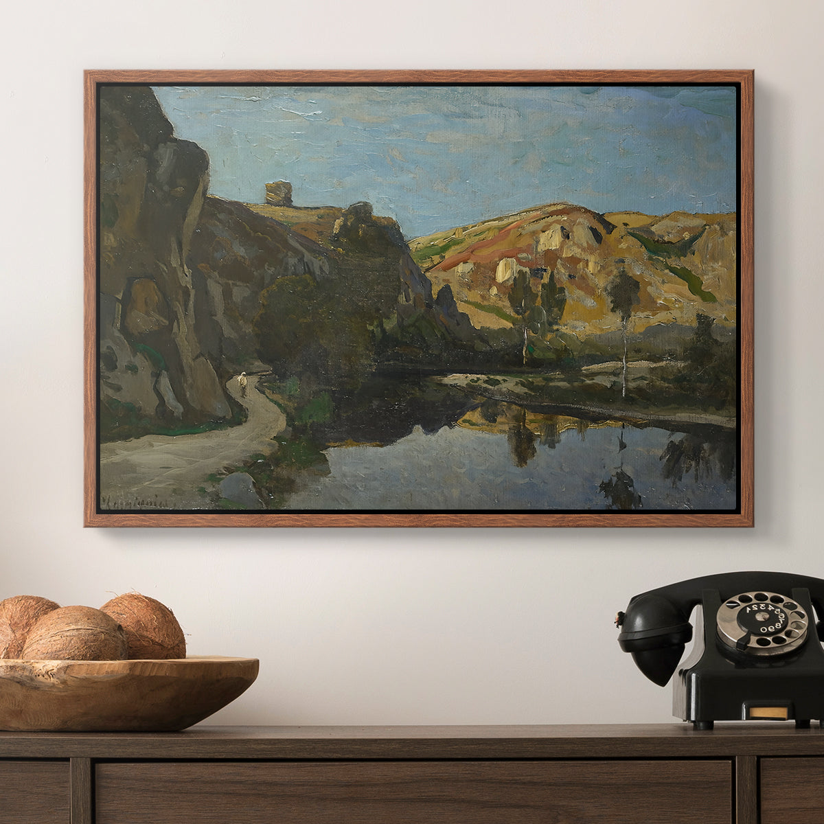 River Landscape with Cliffs, c. 1850-1860 - Floater Framed Canvas Print