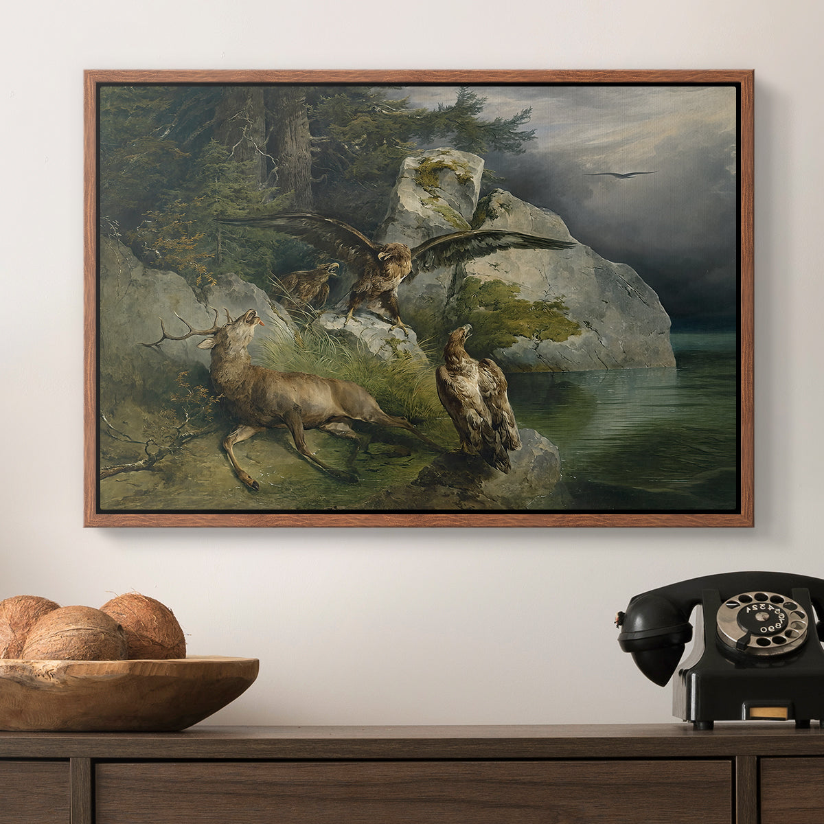 Eagles and Dying Stag on a Lakeshore, 1836 - Floater Framed Canvas Print