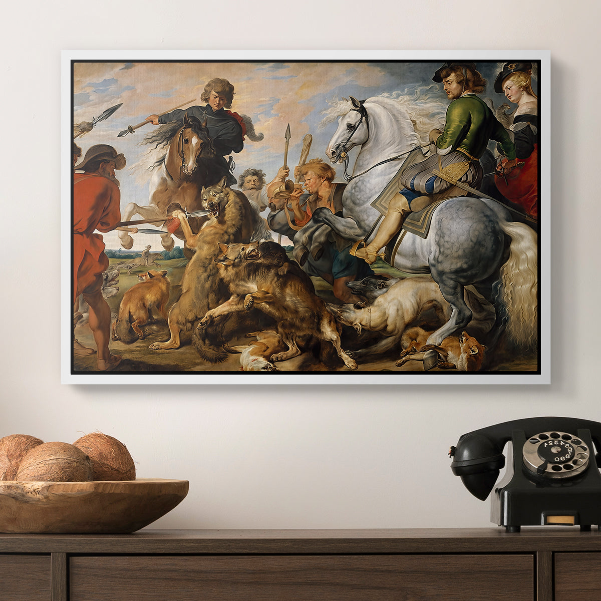 The Wolf and Fox Hunt, c. 1616 - Floater Framed Canvas Print