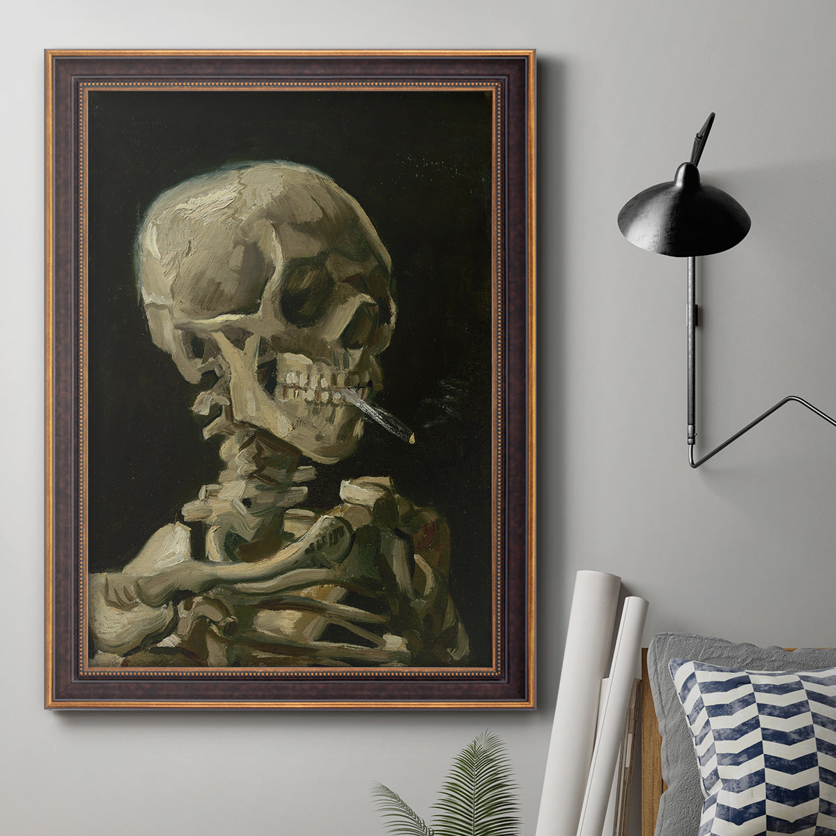 Head of a Skeleton with a Burning Cigarette - Ornate Framed Canvas Print