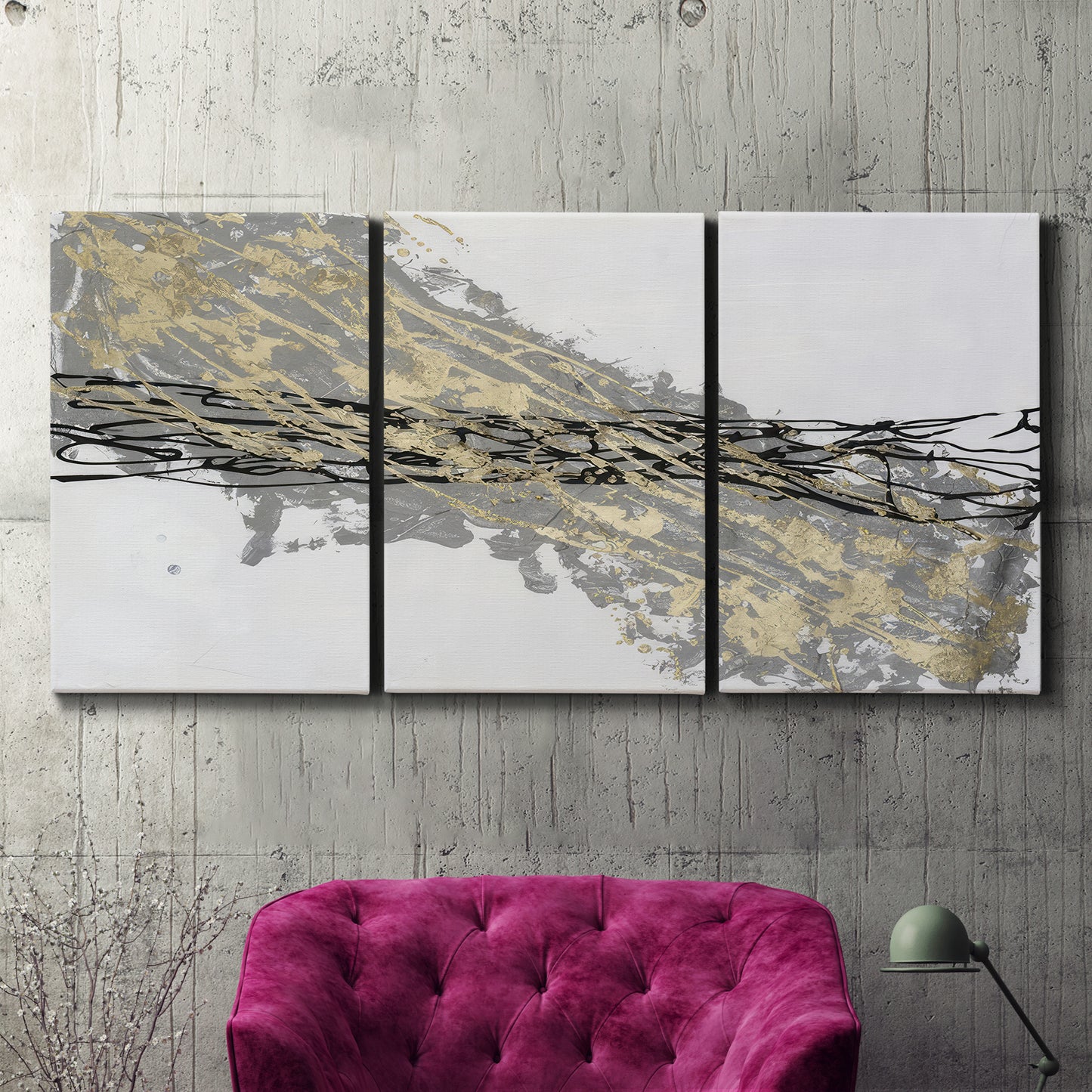 Three-panel canvas wall art featuring light modern abstract wind patterns, displayed in a living room above a suede accent chair.