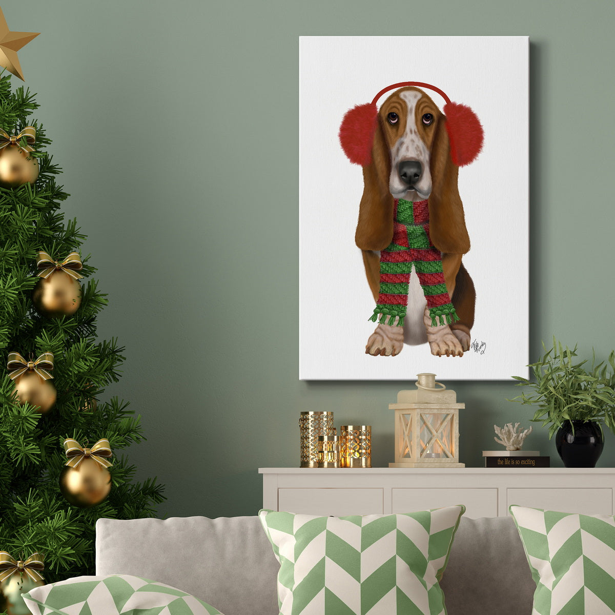 Christmas Des - Basset Hound and Ear Muffs Premium Gallery Wrapped Canvas - Ready to Hang