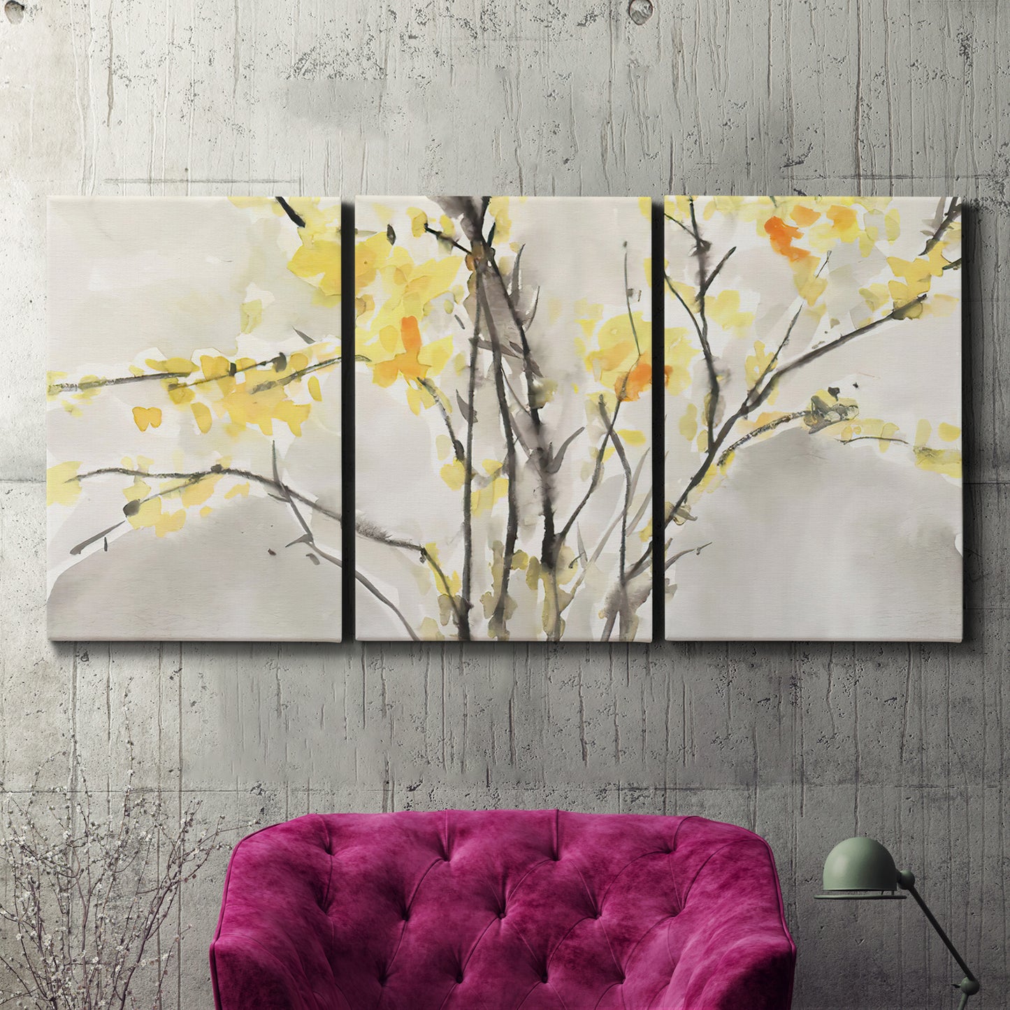Three-panel canvas wall art featuring soft floral abstract harmony, displayed in a living room above a suede accent chair.