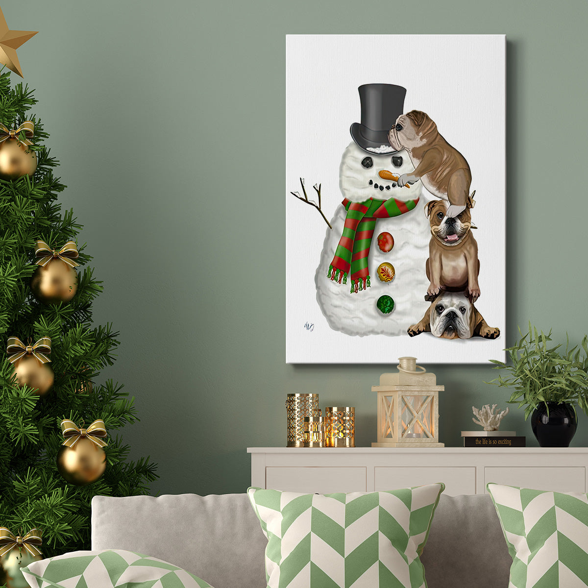 Christmas English Bulldogs Building Snowman - Gallery Wrapped Canvas