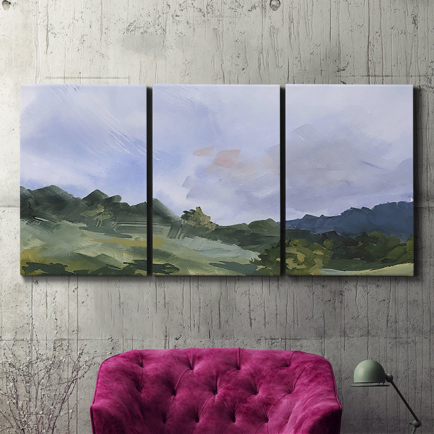 Three-panel canvas wall art featuring wide open pastoral horizon landscape, displayed in a living room above a suede accent chair.