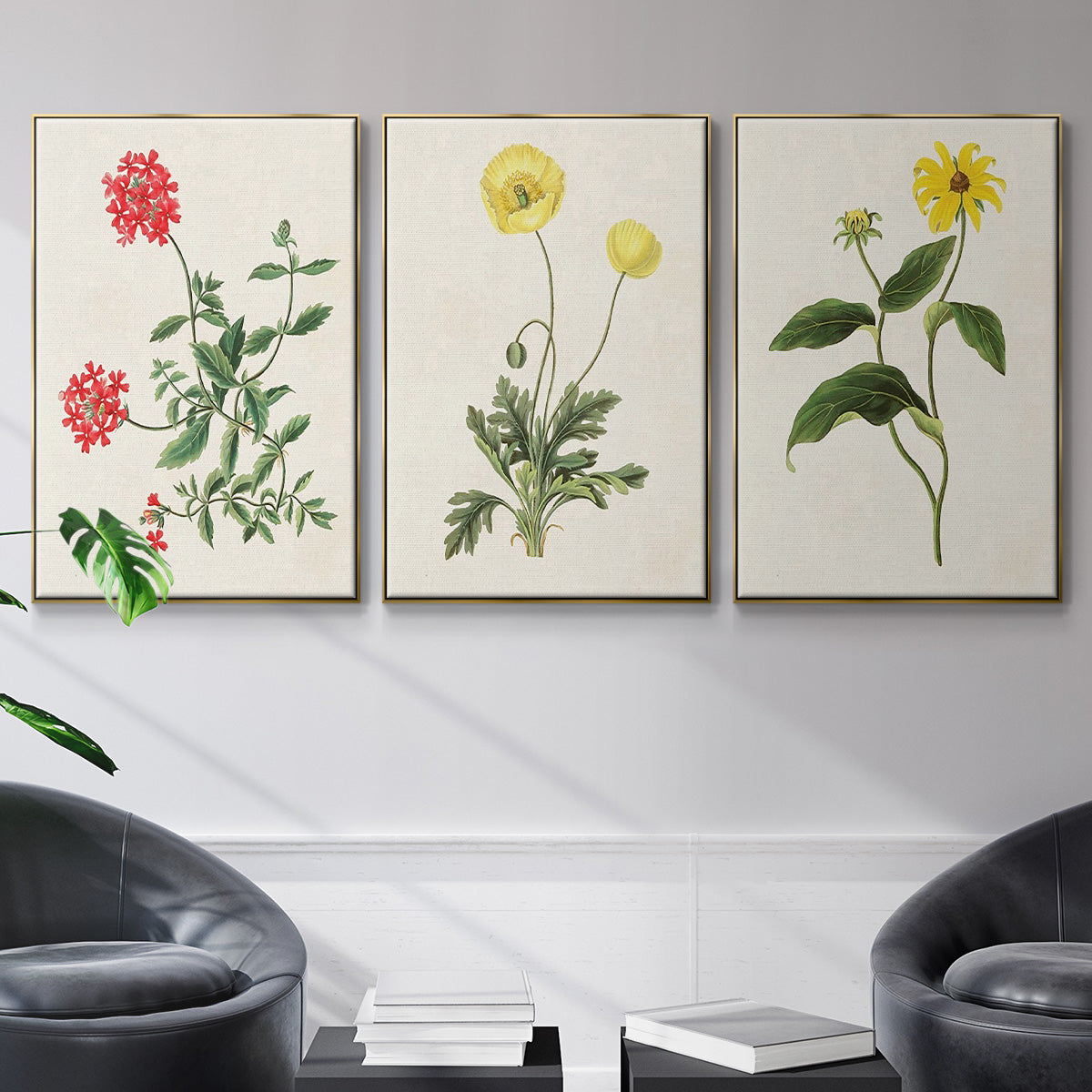 Flowers of the Seasons X - Framed Premium Gallery Wrapped Canvas L Frame 3 Piece Set - Ready to Hang