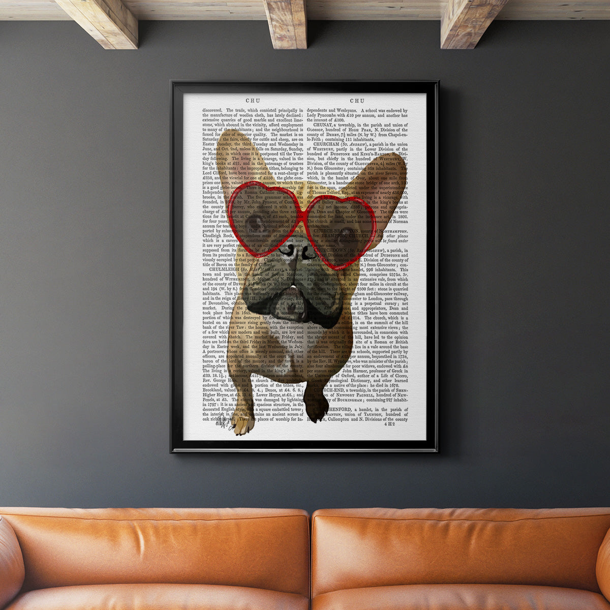 French Bulldog and Heart Glasses - Modern Framed Canvas Print