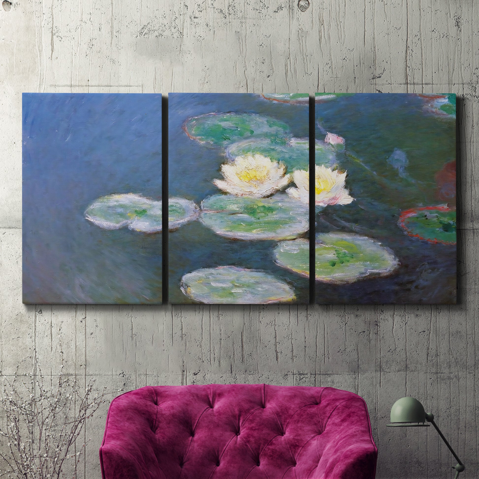 Three-panel canvas wall art featuring water lilies floating on pond, displayed in a living room above a suede accent chair.