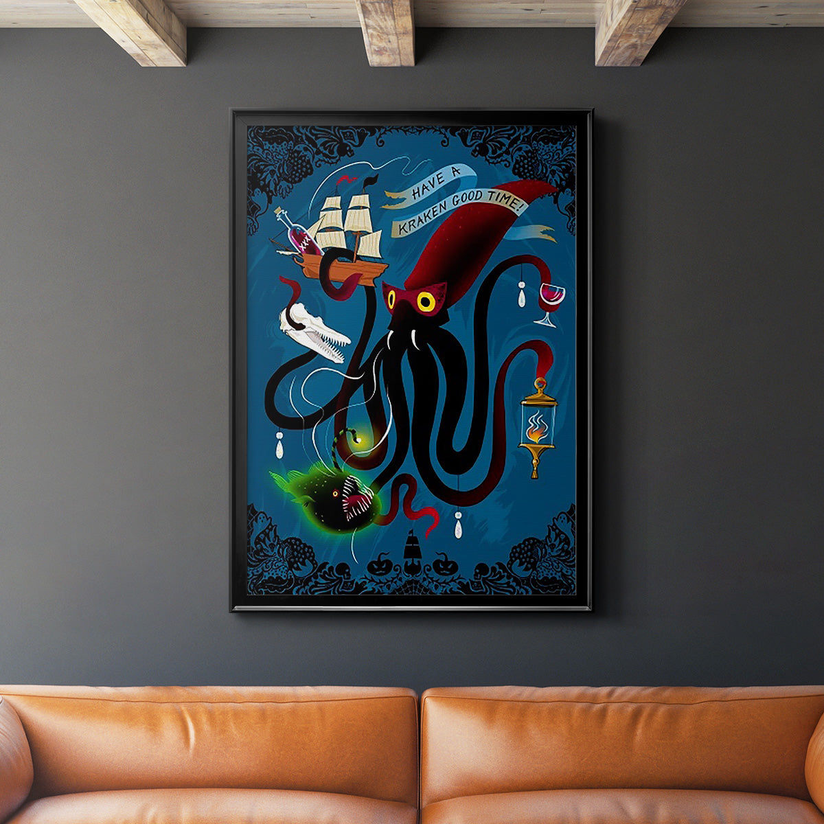 Spooky Cephalopod Chandeliers II - Modern Framed Canvas Print