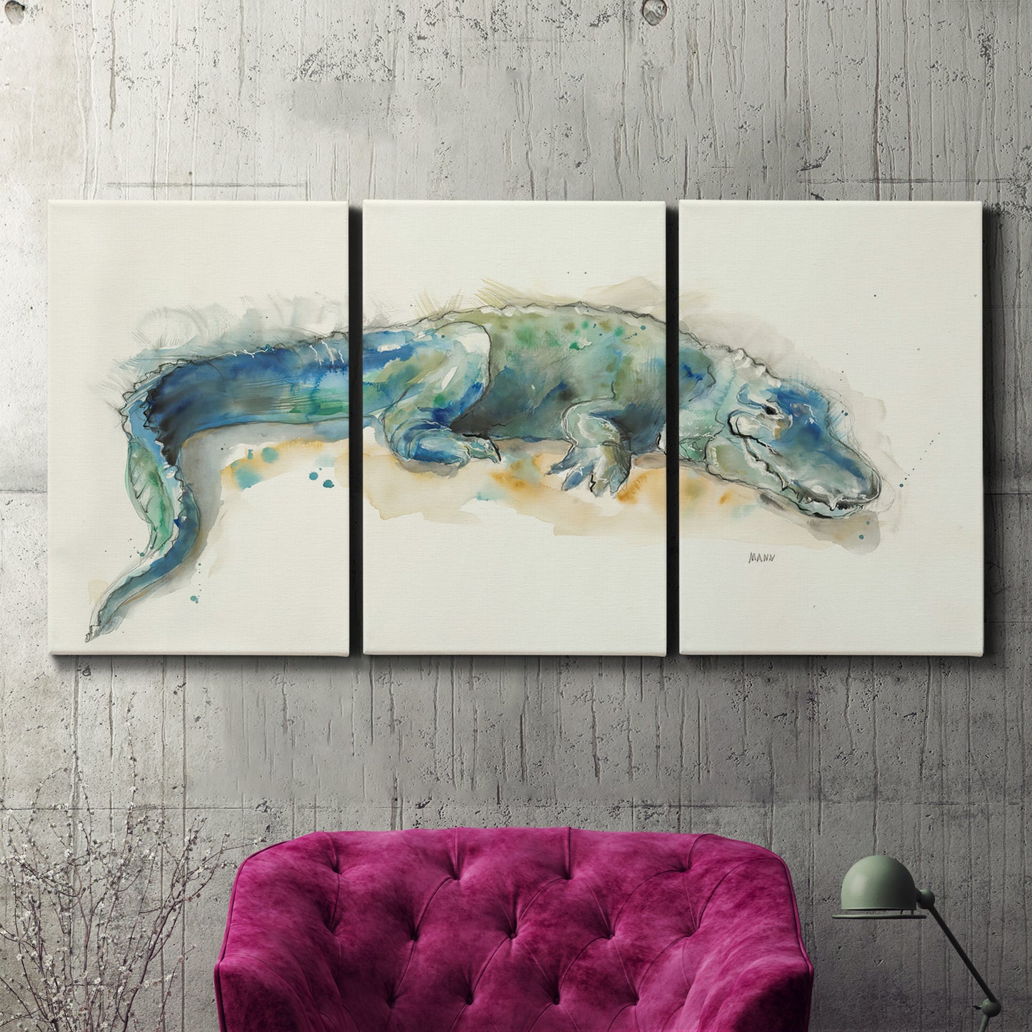 Three-panel canvas wall art featuring alligator illustrated wildlife portrait, displayed in a living room above a suede accent chair.